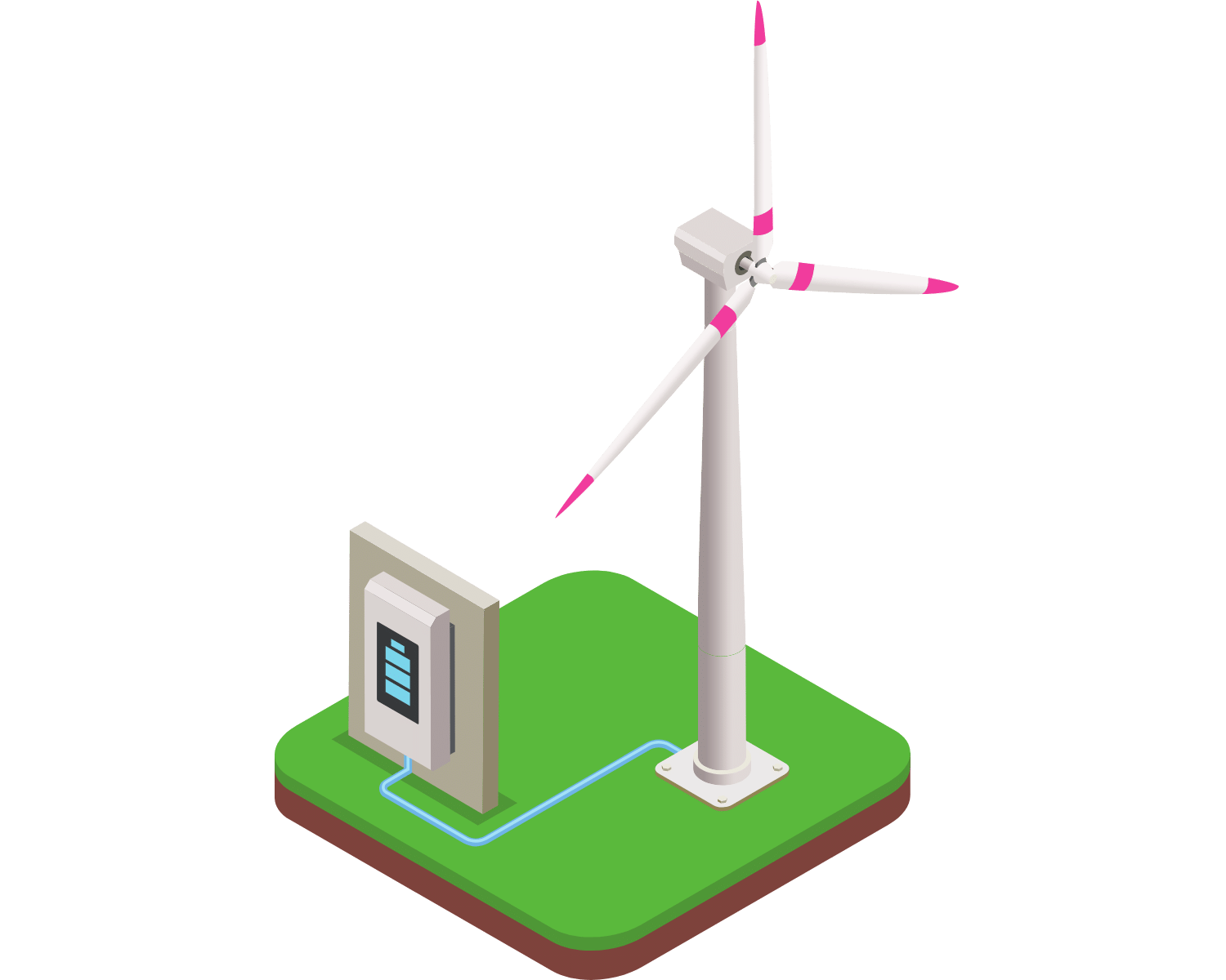 A windmill powering electricity for a small server on a green field