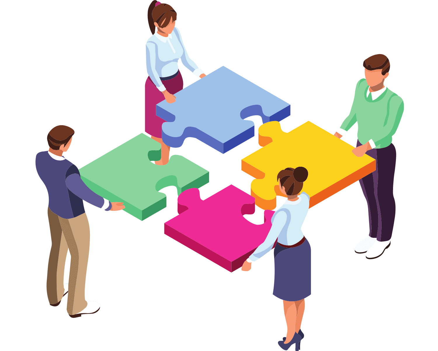 Four people, each holding a piece of a puzzle stand in a circle. Indicating that by working together, they can complete the puzzle easily.