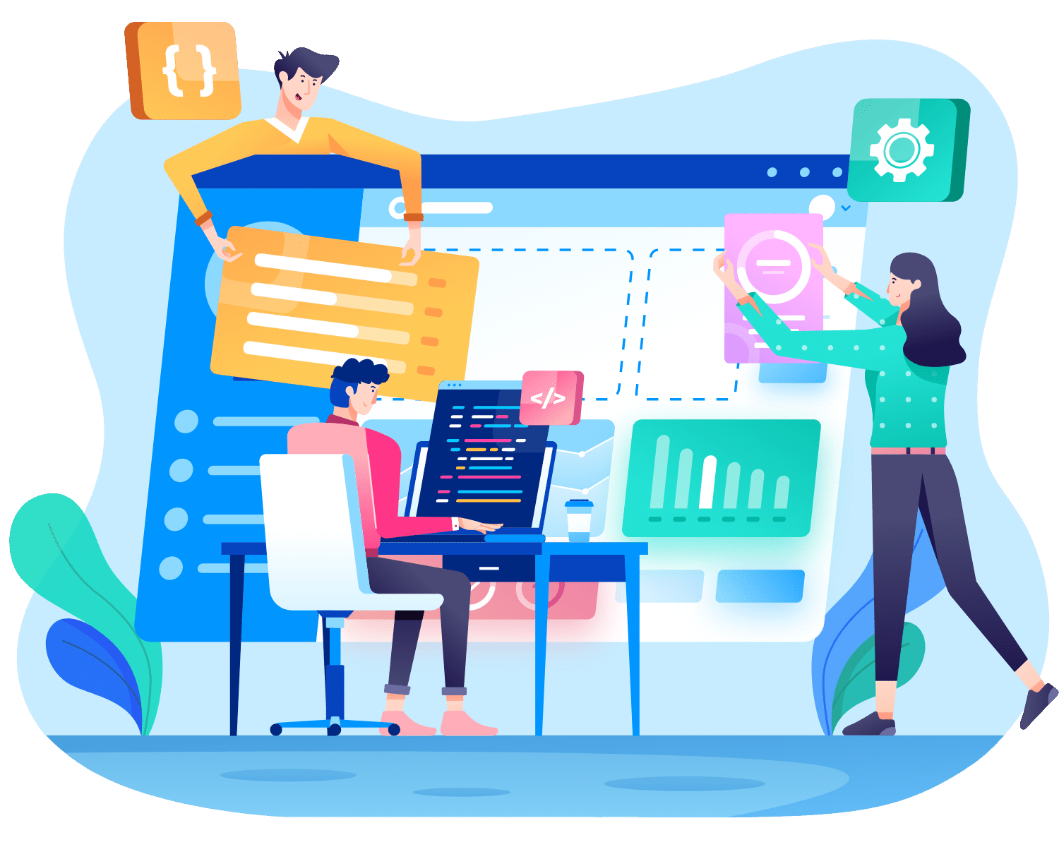 Three people working hard on every element of the website, making it as good as possible.