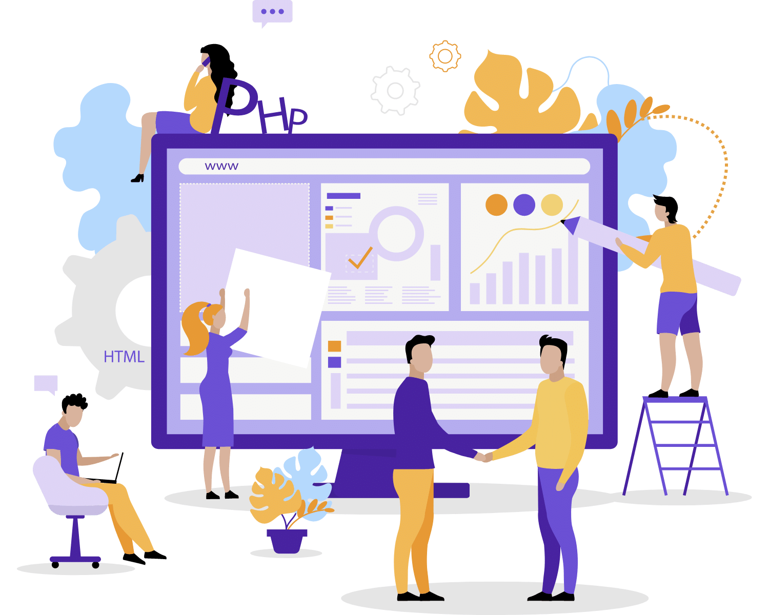 six people working together to design a website