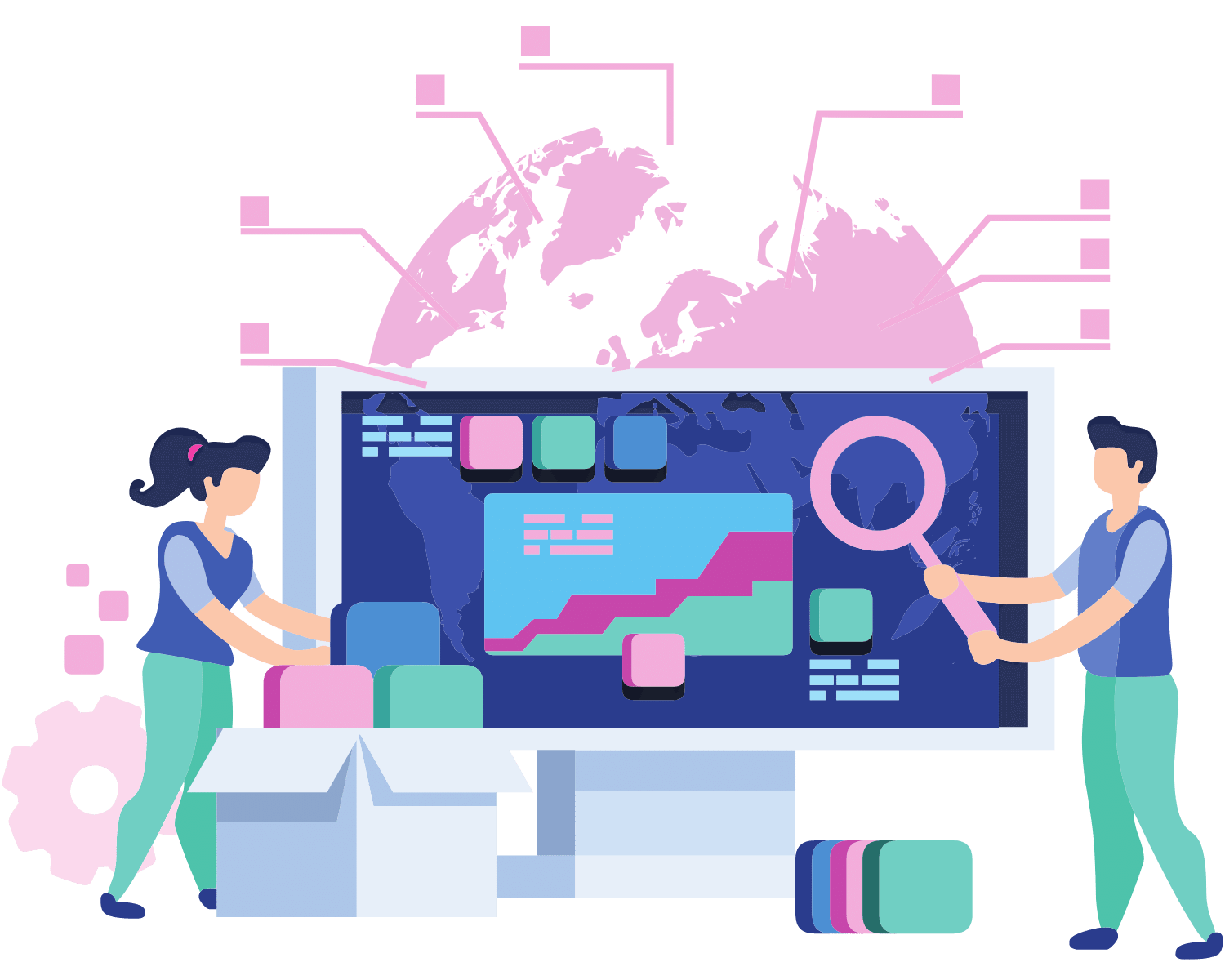 Two people researching data on a computer, with a world behind them, implying they are researching everything about the world