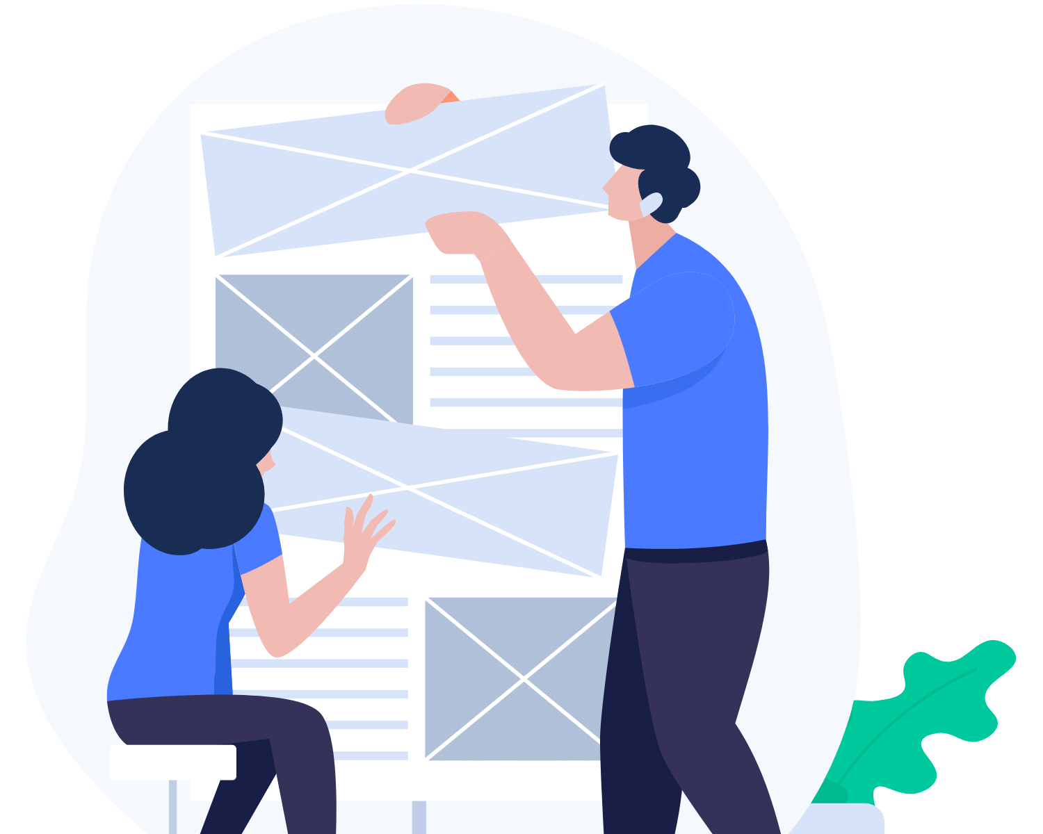 Two people building the wireframes of a website. Wireframes are simple shapes that indicate which content goes where.