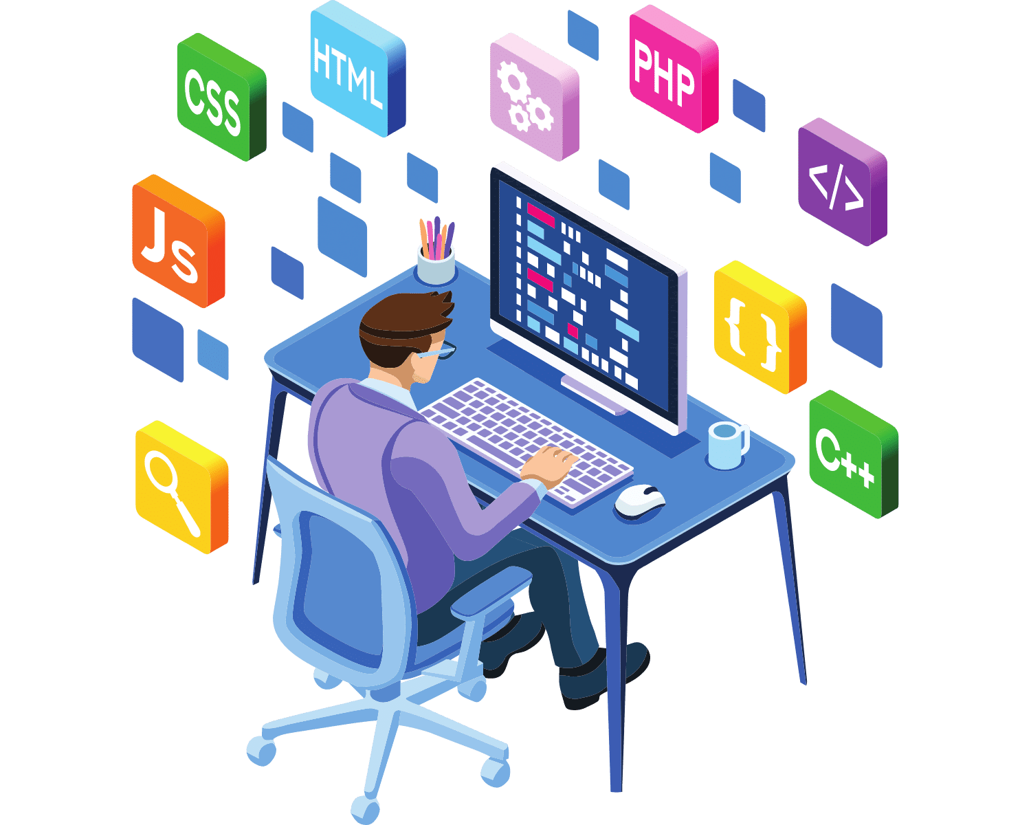 A people is sat on a computer, surrounded by thought bubbles of all different types of computer languages, such as JavaScript.