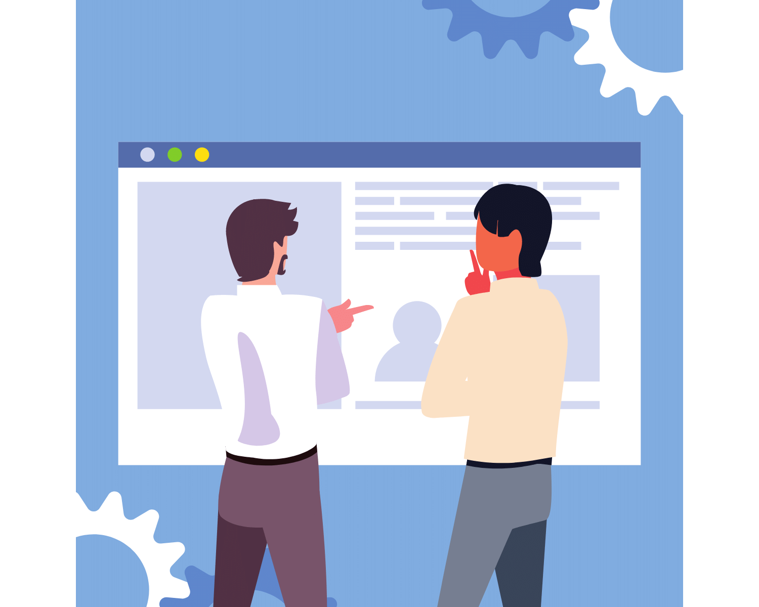 Two people, looking at a website, chatting about how best to engineer it