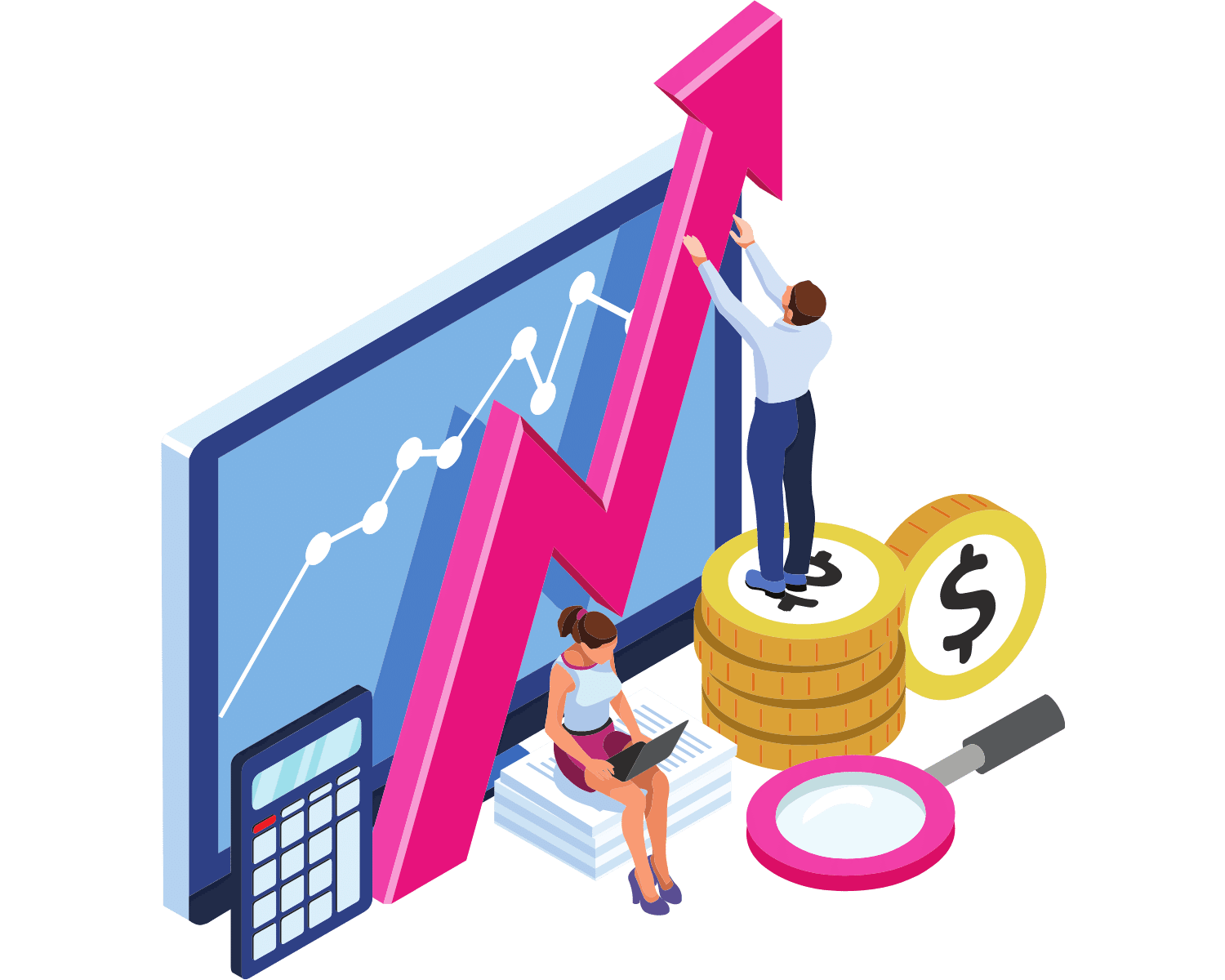 Computer screen with a large upwards arrow pointing upwards coming outside of it. A person is standing on money, indicating that they are making the computer make more money.