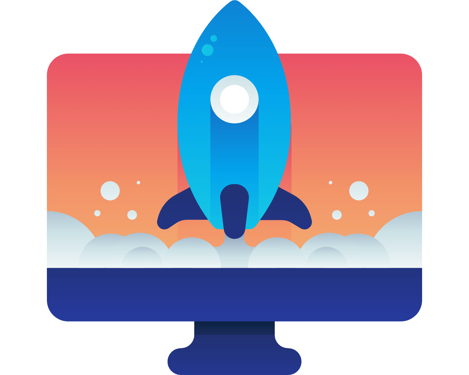 A rocket ship is blasting out from the computer