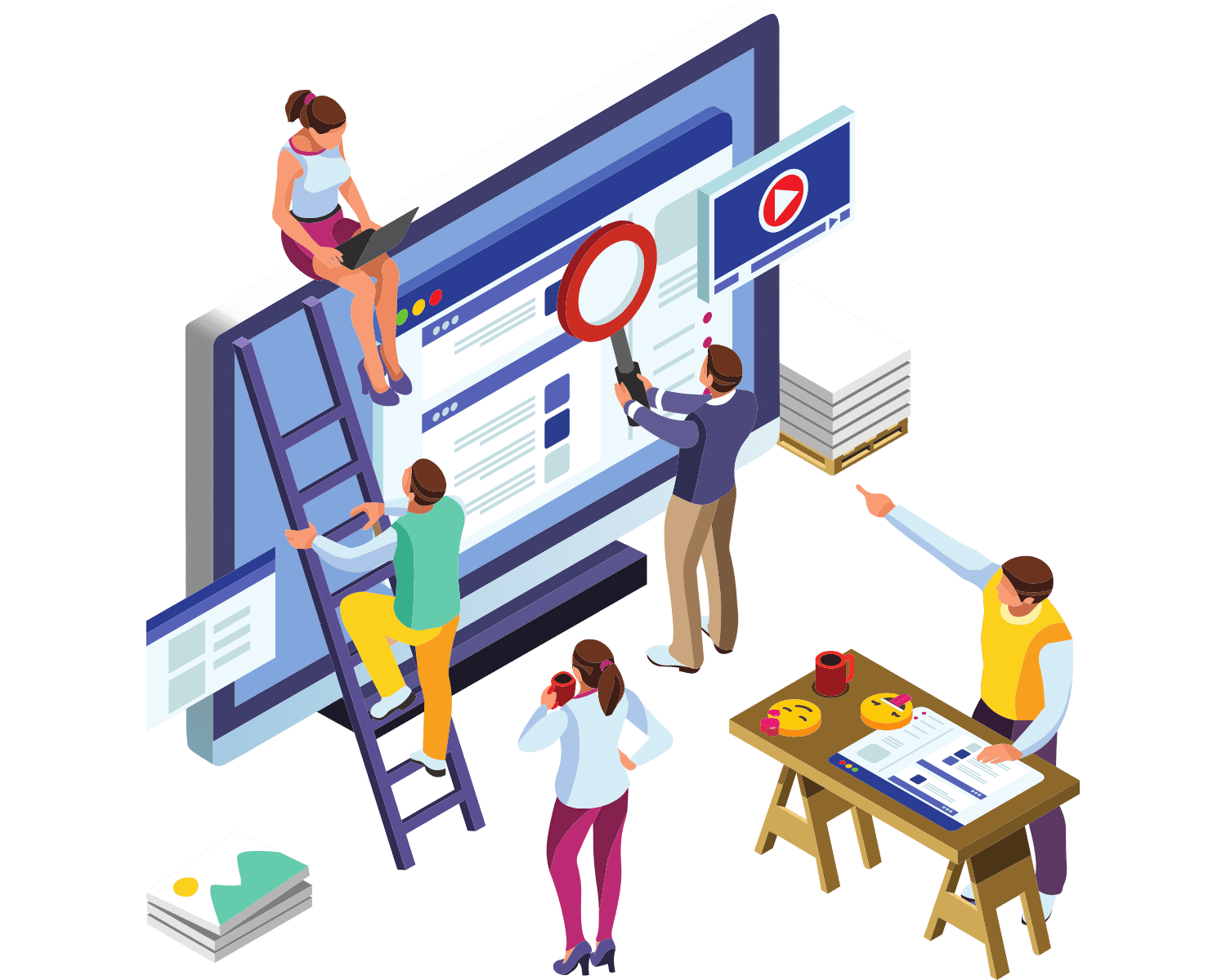 A team of people are working around a computer, all working towards planning an effective architecture of a website.